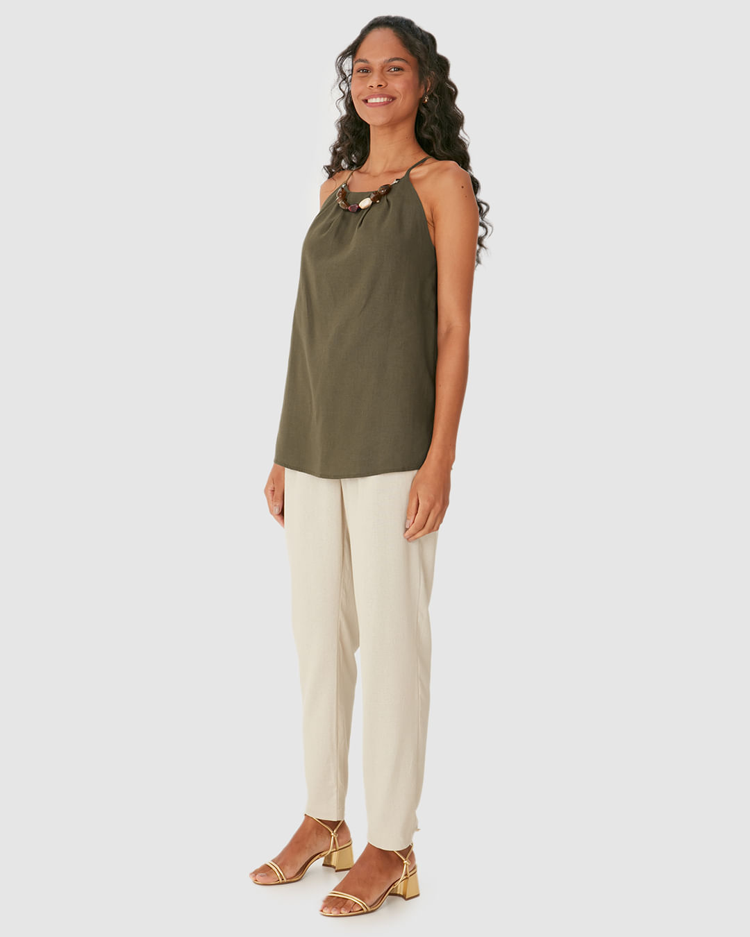 Regata Evasê Feminina Detalhe Colar Pedrarias Removível Em Viscolinho - Imagem 17