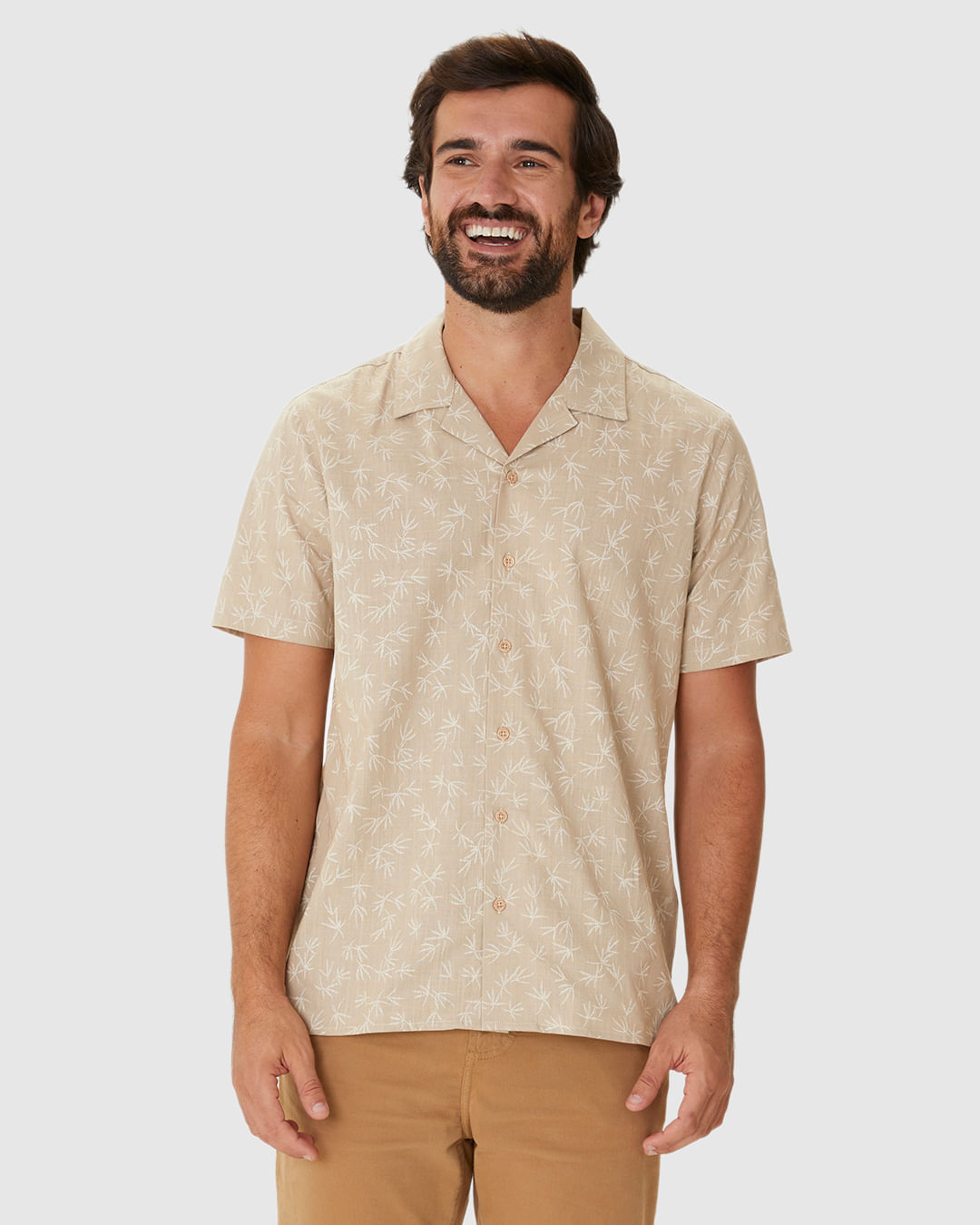 Camisa Masculina Estampada Manga Curta Em Algodão Com Linho - Imagem 18