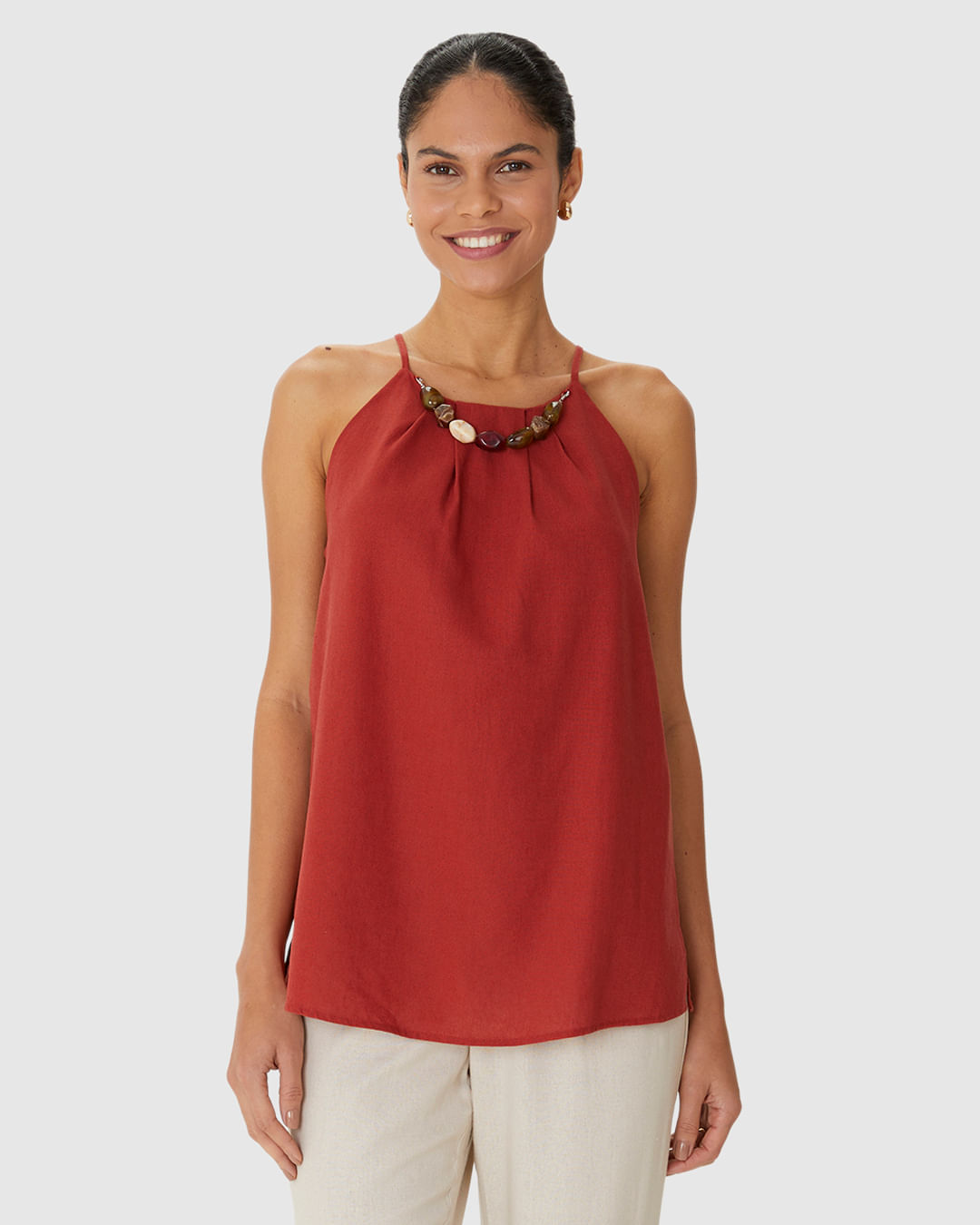 Regata Evasê Feminina Detalhe Colar Pedrarias Removível Em Viscolinho - Imagem 22