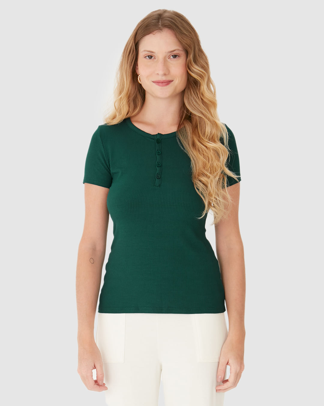Blusa Básica Feminina Com Botões Frontais Em Malha Viscose Canelada - Imagem 14