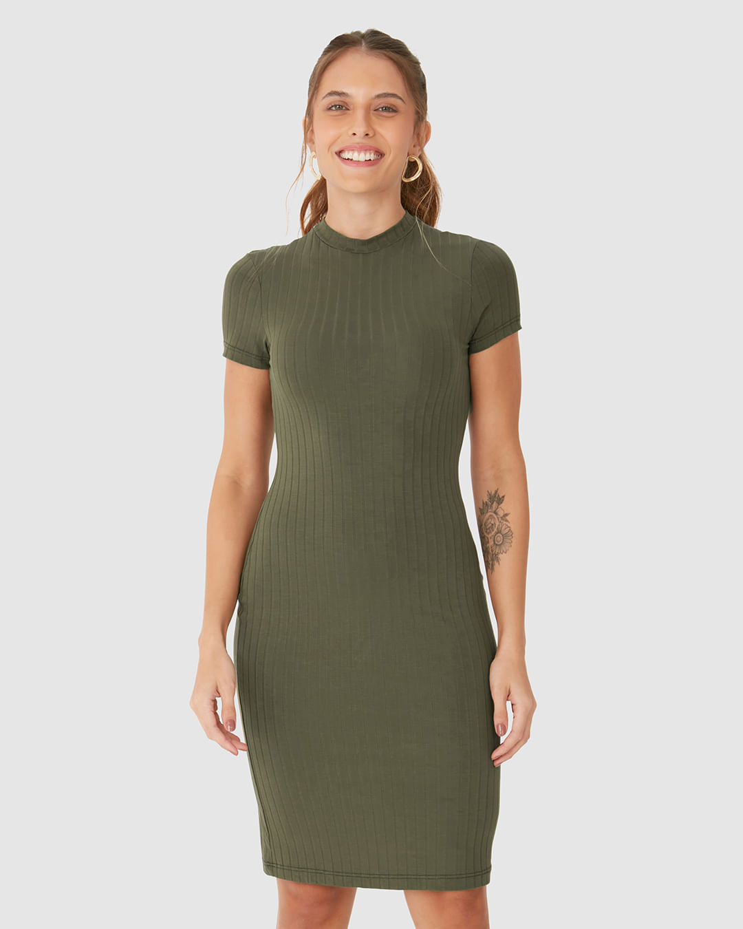 Vestido Básico Feminino Gola Alta Em Malha Canelada De Viscose - Imagem 14