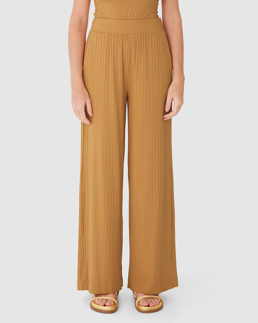 Calça Wide Leg Feminina Cintura Alta Em Malha Canelada De Viscose - Imagem 14