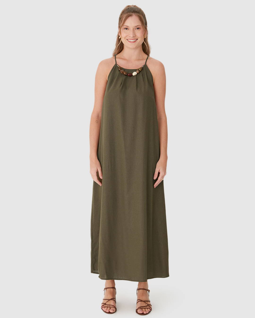 Vestido Midi Feminino Evasê Detalhe Colar Pedrarias Removível Em Viscolinho - Imagem 19