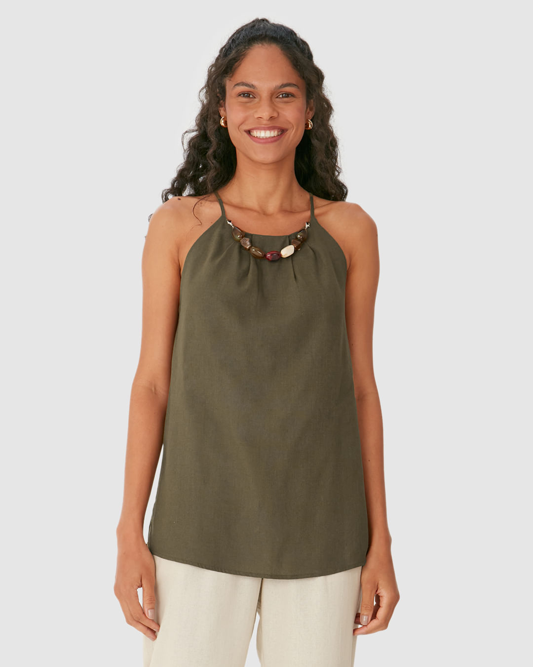 Regata Evasê Feminina Detalhe Colar Pedrarias Removível Em Viscolinho - Imagem 4