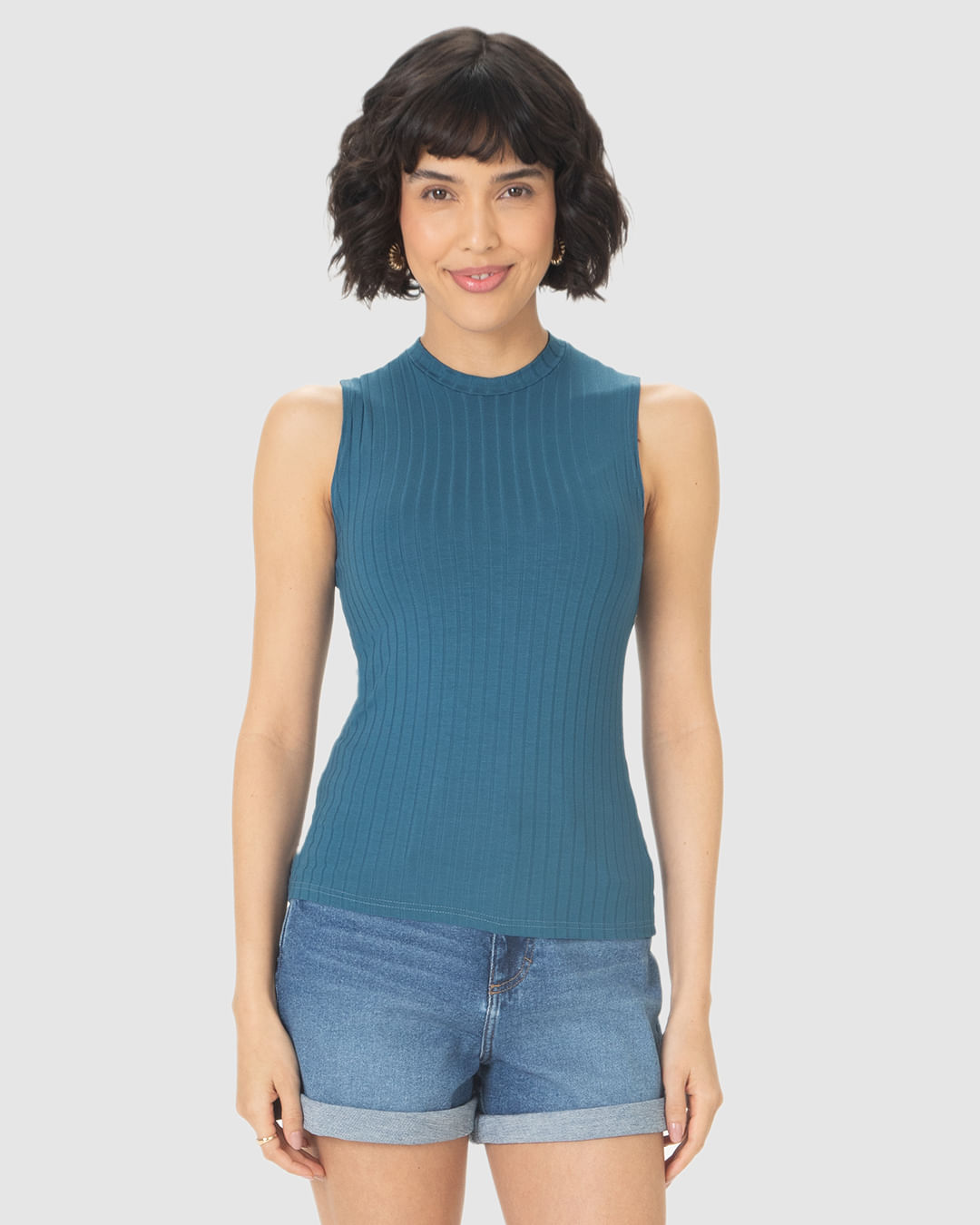 Regata Básica Feminina Justa Gola Alta Em Malha Viscose Canelada - Imagem 29