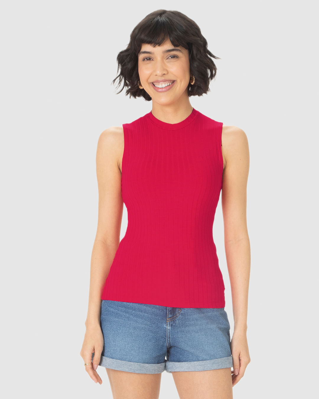 Regata Básica Feminina Justa Gola Alta Em Malha Viscose Canelada - Imagem 29