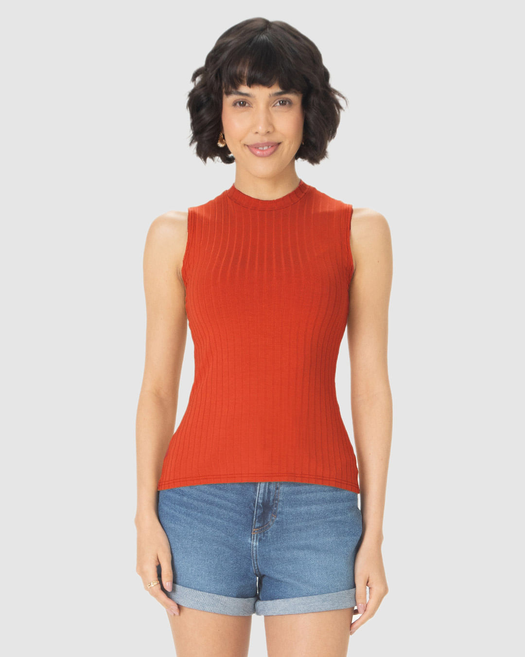 Regata Básica Feminina Justa Gola Alta Em Malha Viscose Canelada - Imagem 9