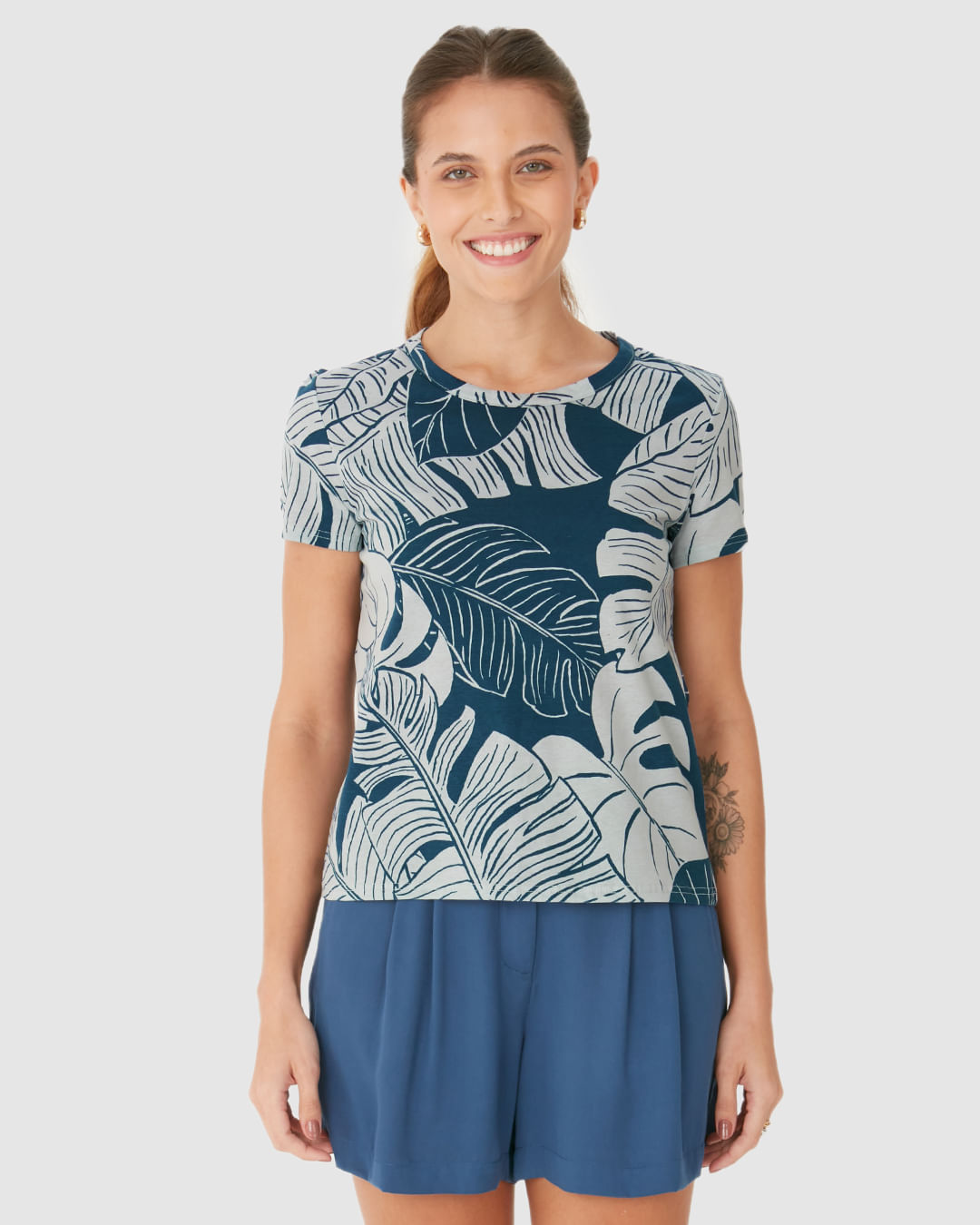 Blusa Feminina Decote Redondo Folhagem Em Algodão - Imagem 19