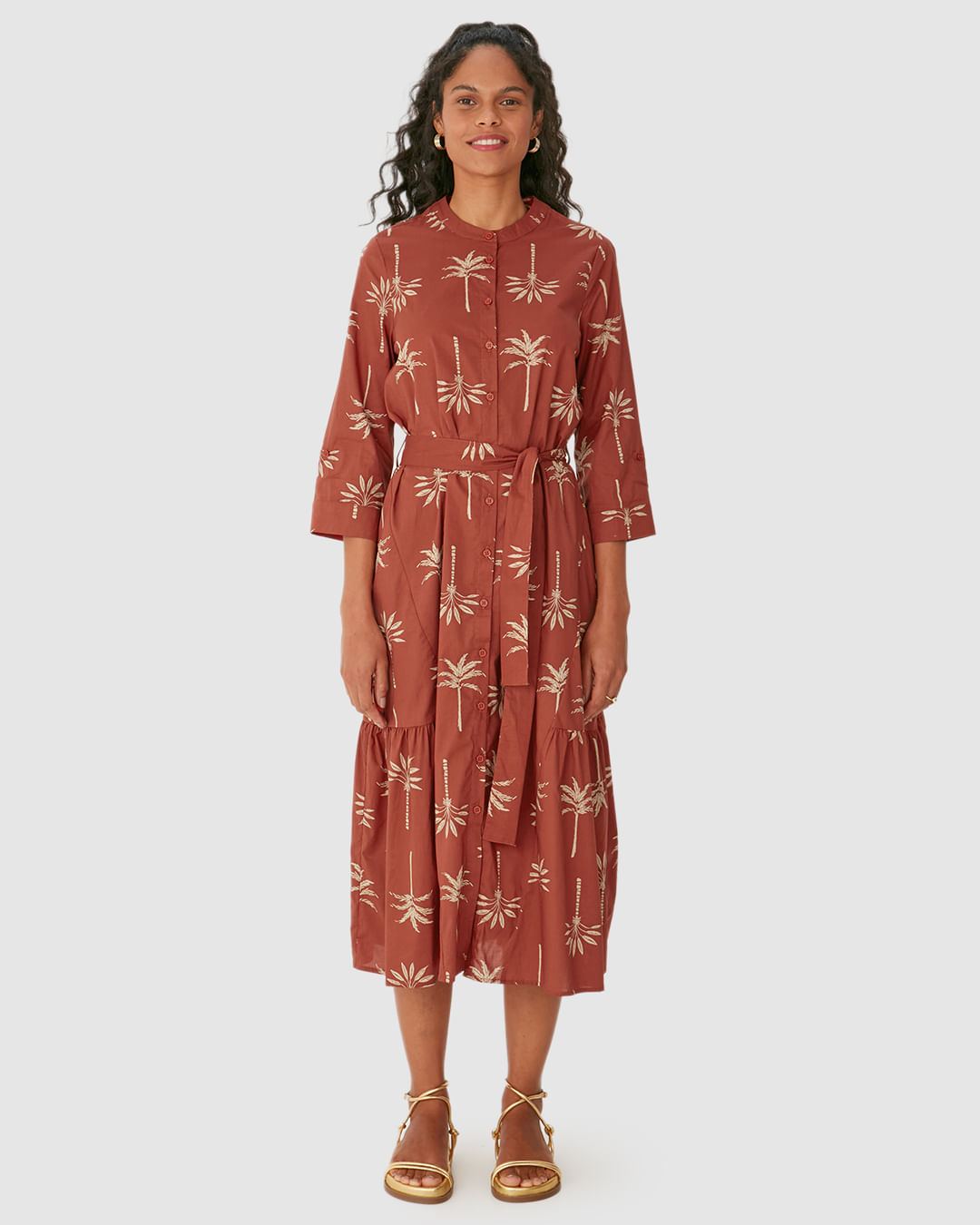 Vestido Midi Feminino Chemise Faixa Amarração Manga 7/8 Em Tricoline - Imagem 14