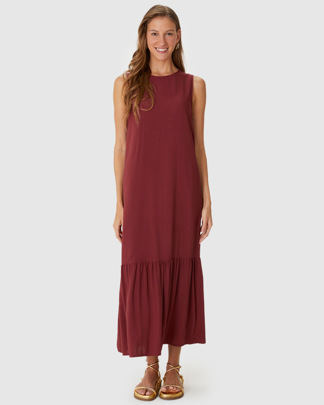 Vestido Midi Feminino Evasê Sem Manga Em Viscose - Imagem 17