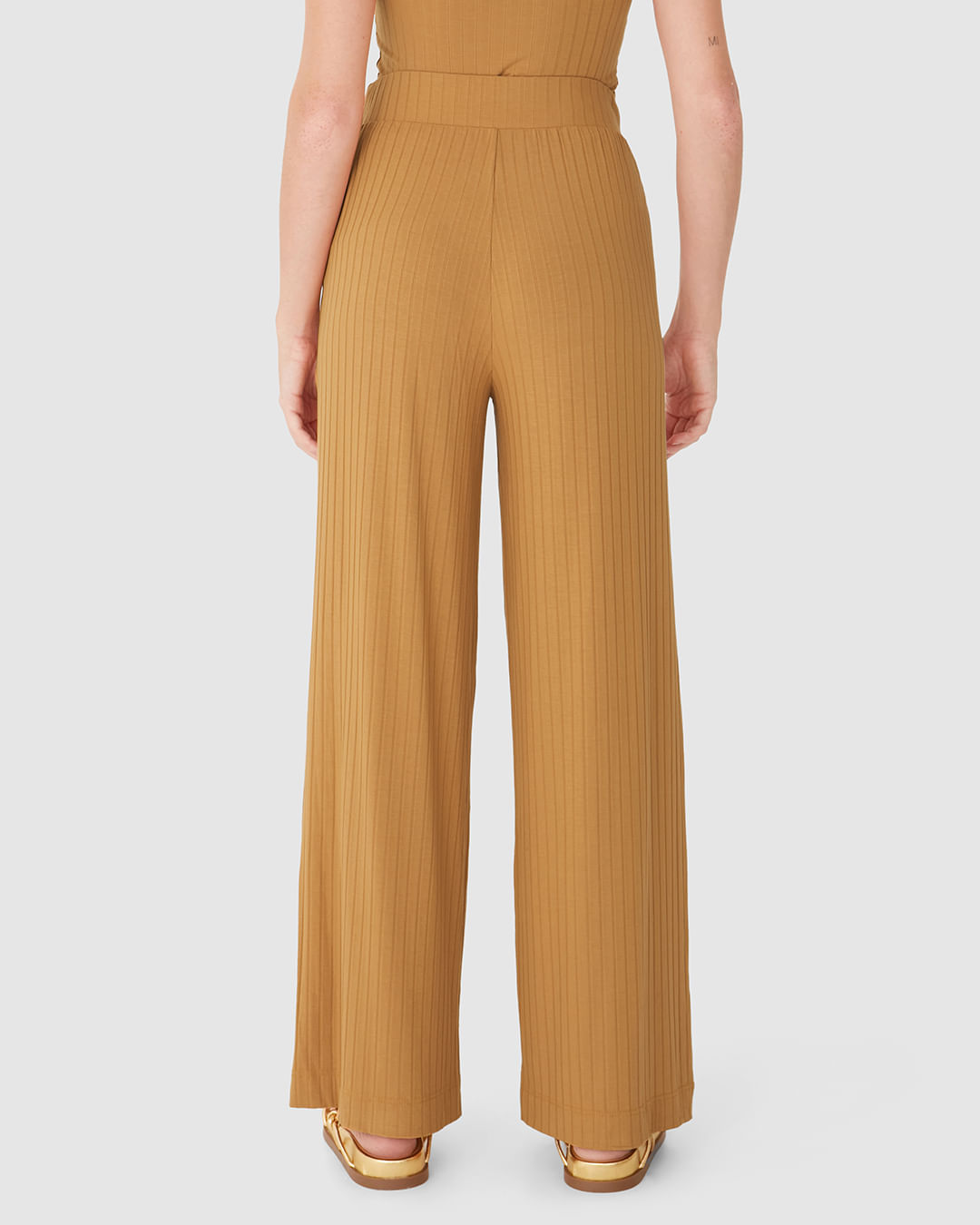 Calça Wide Leg Feminina Cintura Alta Em Malha Canelada De Viscose - Imagem 25