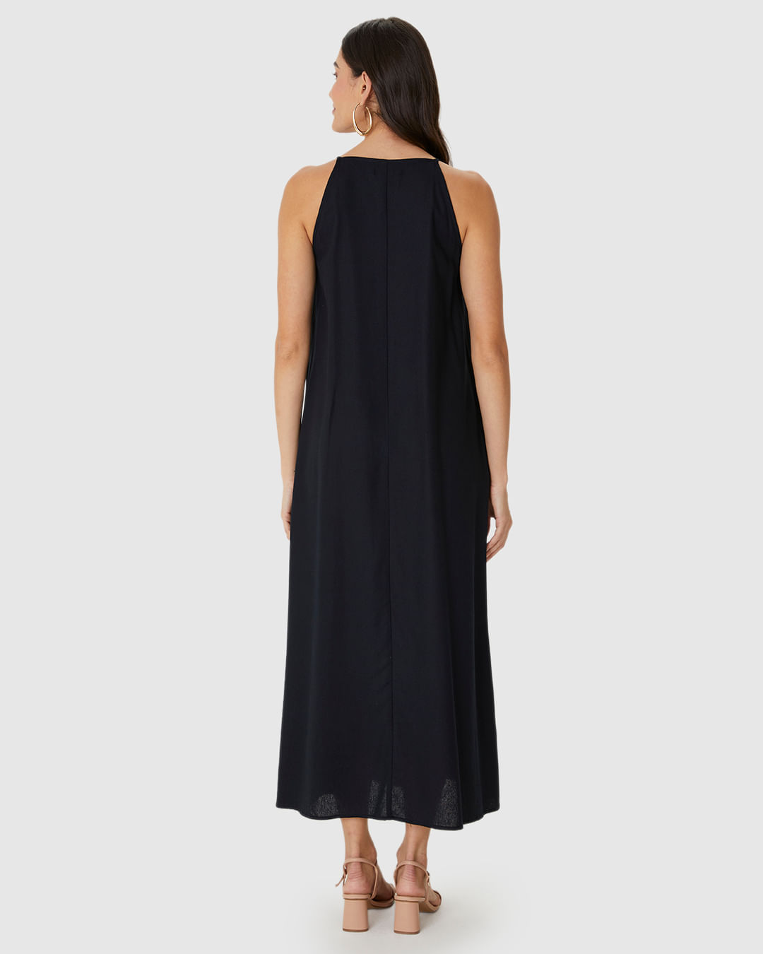 Vestido Midi Feminino Evasê Detalhe Colar Pedrarias Removível Em Viscolinho - Imagem 5