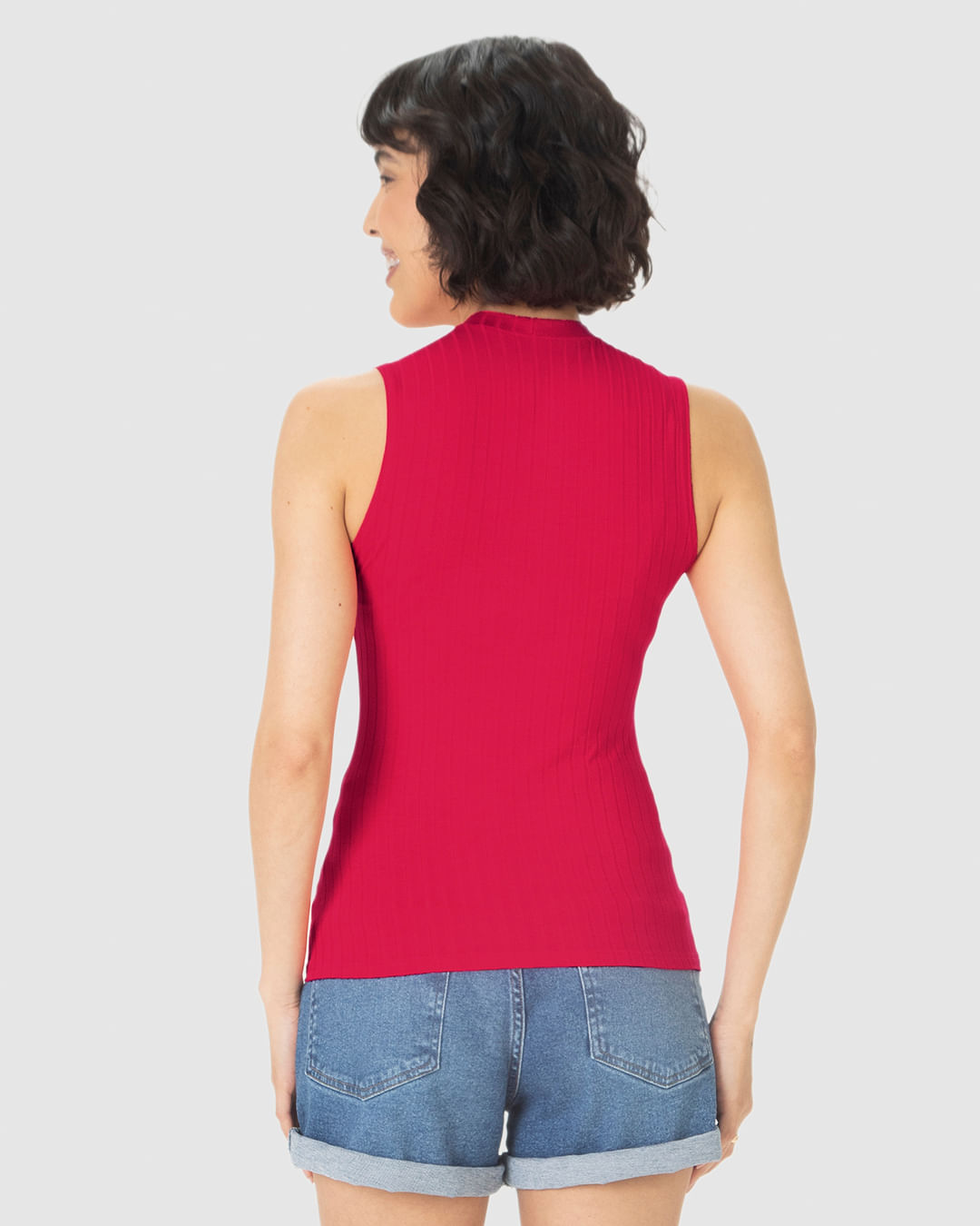 Regata Básica Feminina Justa Gola Alta Em Malha Viscose Canelada - Imagem 10