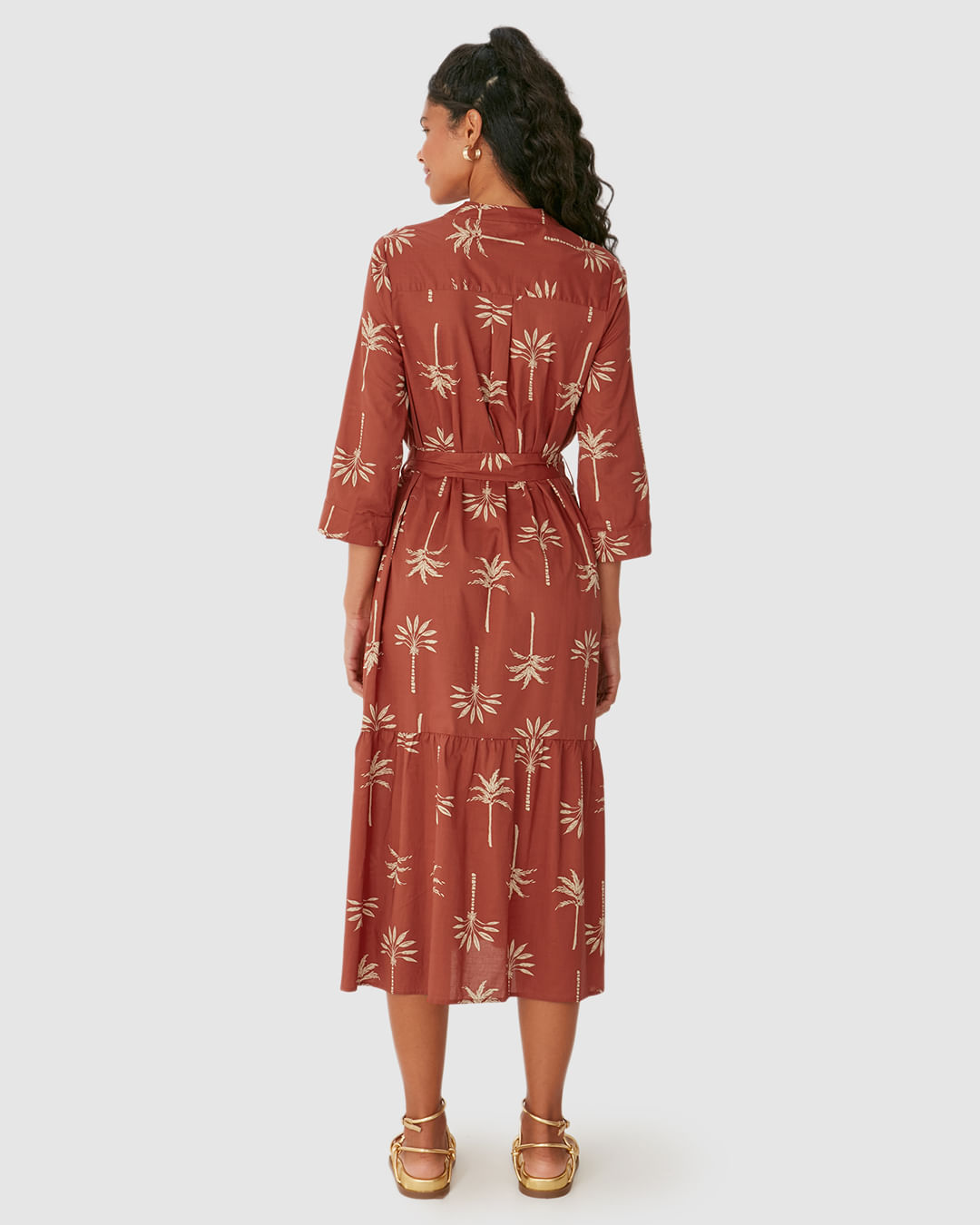 Vestido Midi Feminino Chemise Faixa Amarração Manga 7/8 Em Tricoline - Imagem 10