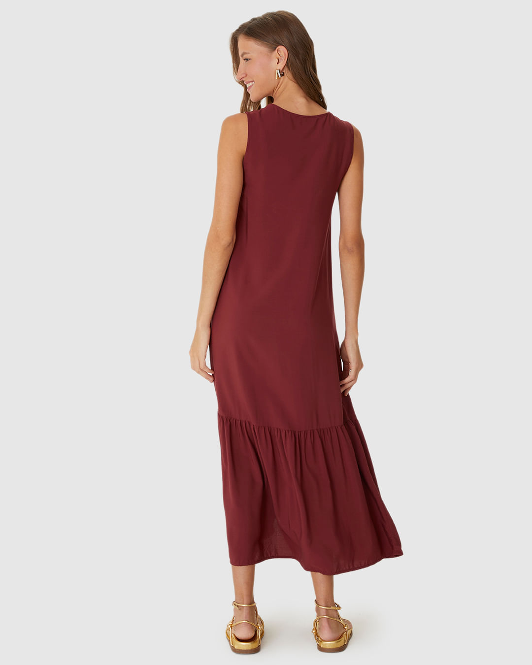 Vestido Midi Feminino Evasê Sem Manga Em Viscose - Imagem 6