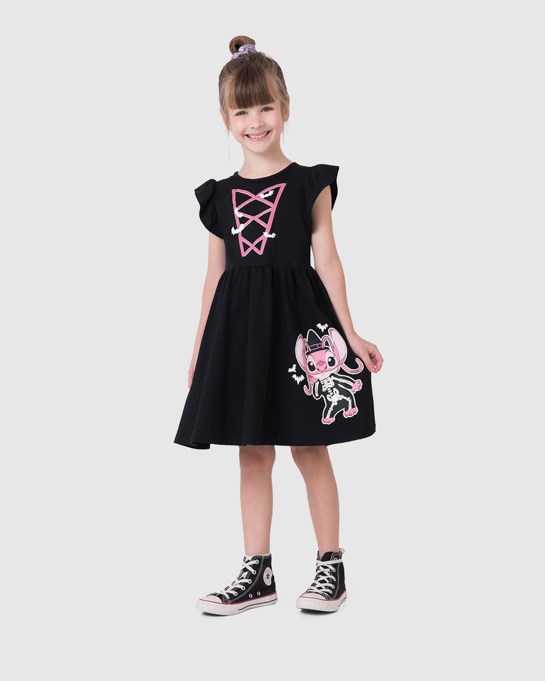 Vestido Infantil Rodado Halloween Stitch Disney Em Algodão Malwee Kids