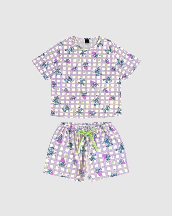 Pijama Curto Feminino Estampado Stitch Disney Em Algodão Off White - GG