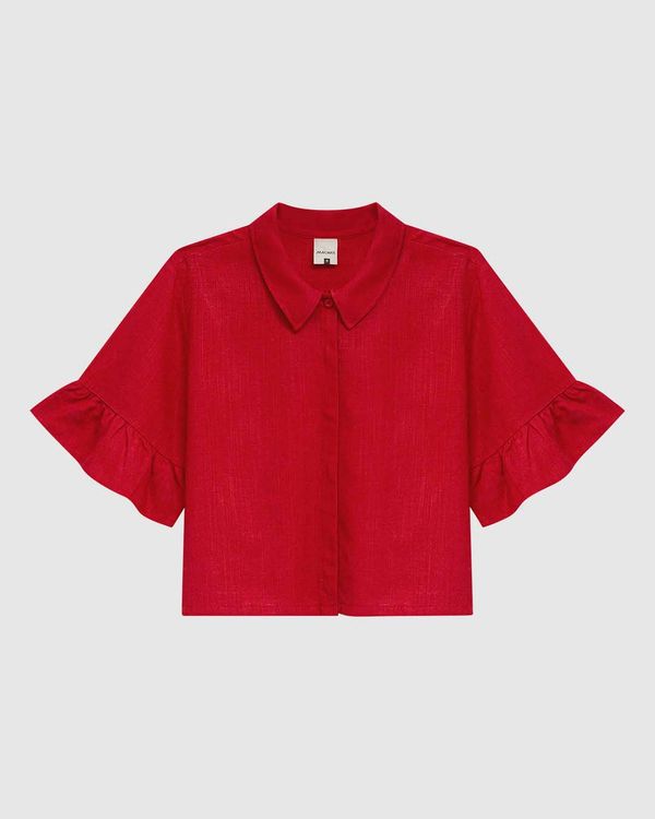 Camisa Cropped Feminina Manga Com Babado Em Viscolinho Vermelho - M