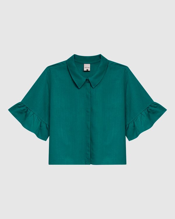 Camisa Cropped Feminina Manga Com Babado Em Viscolinho Verde - PP