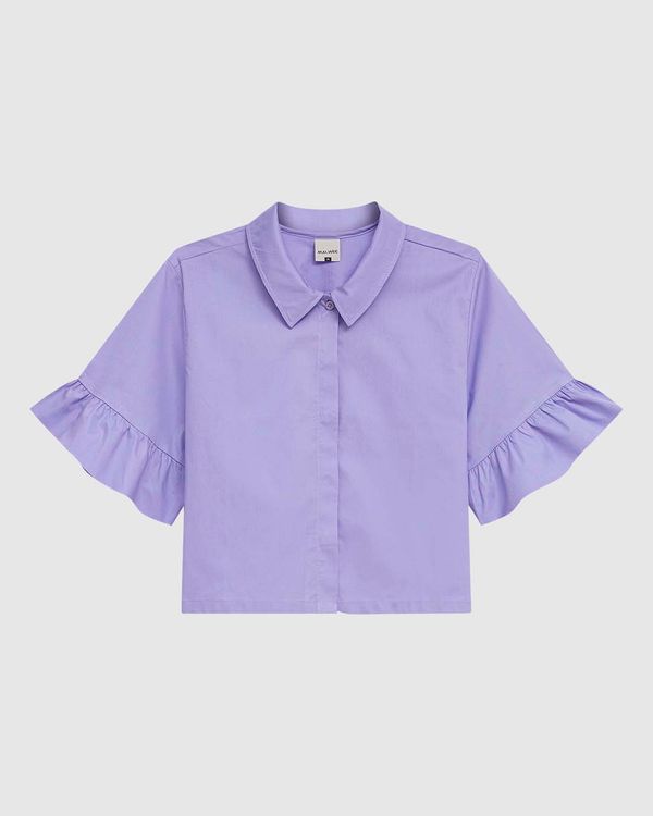 Camisa Cropped Feminina Manga Com Babado Em Tricoline Roxo - GG