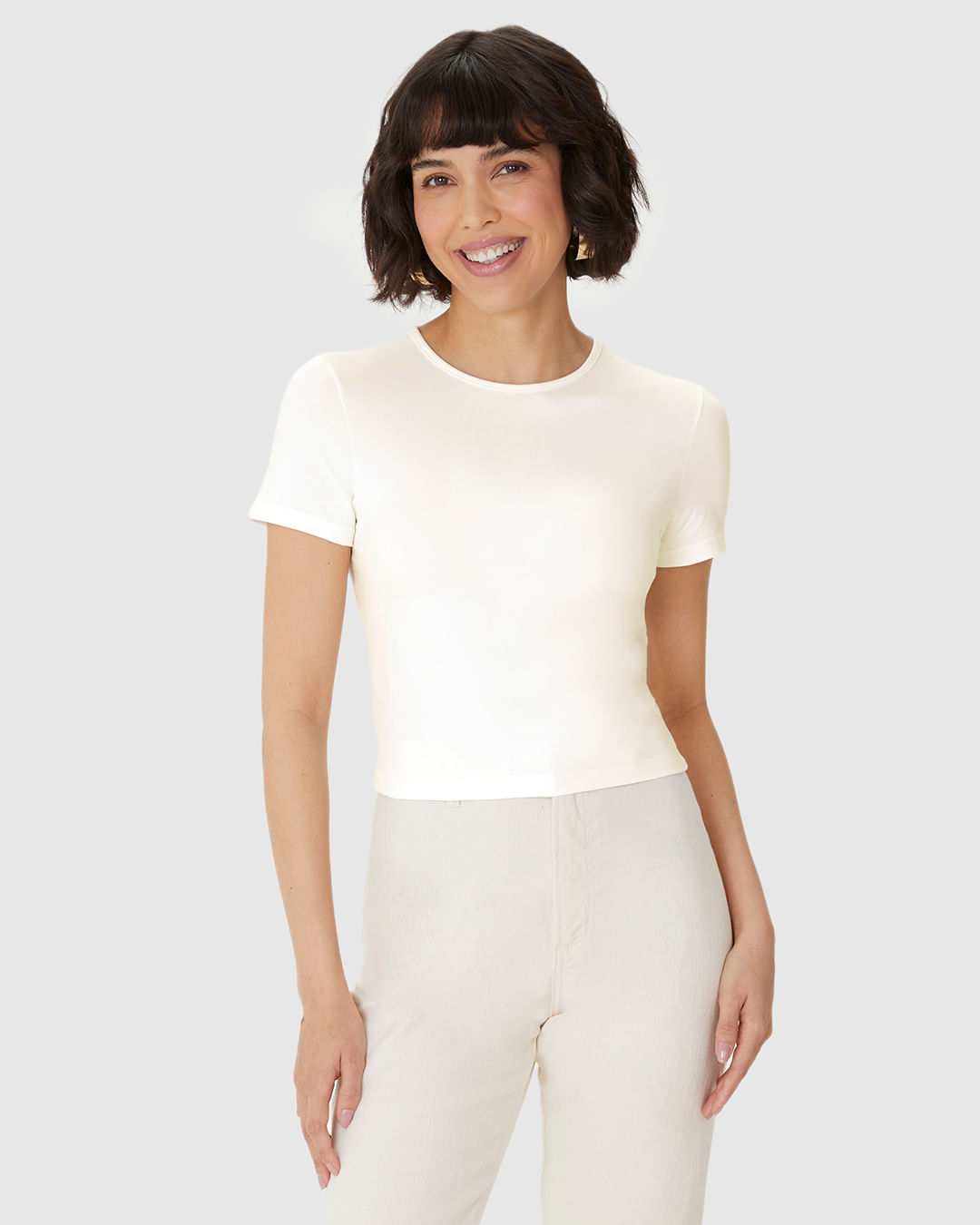 Blusa Long Cropped Feminina Manga Curta Em Algodão
