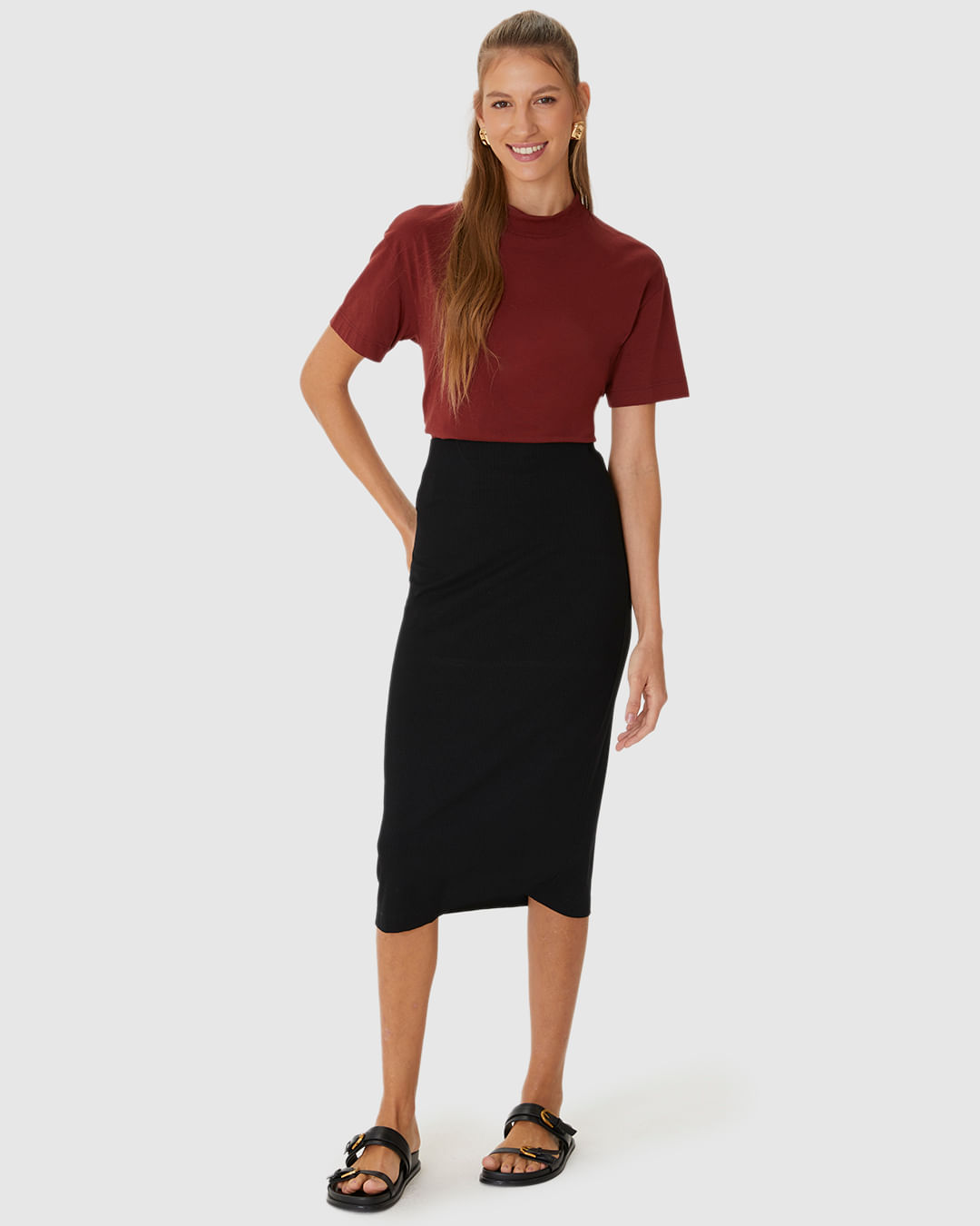 Saia Midi Feminina Em Malha Viscose Canelada - Imagem 6