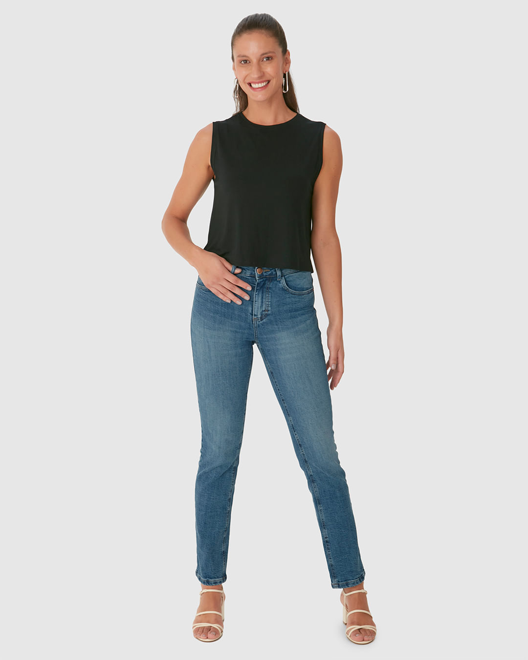 Calça Reta Feminina Bolso Funcional Em Flex Jeans - Imagem 36