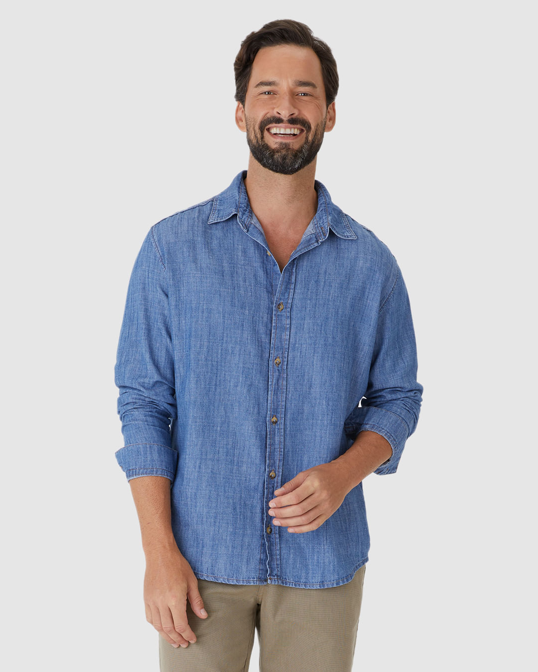 Camisa Masculina Tradicional Manga Longa Em Jeans Leve - Imagem 6
