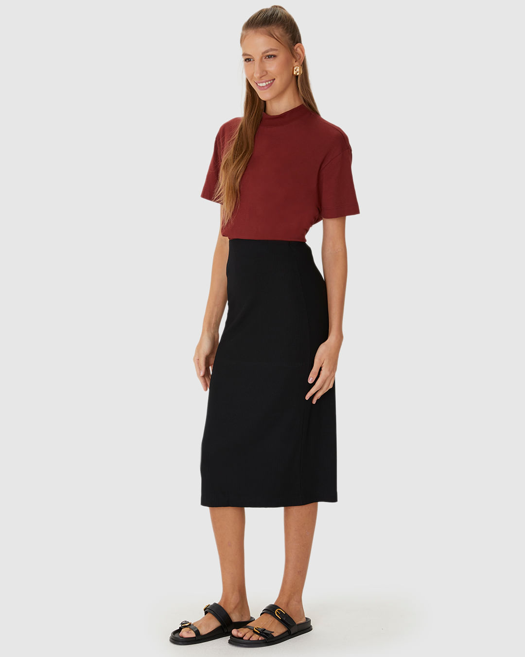 Saia Midi Feminina Em Malha Viscose Canelada - Imagem 7