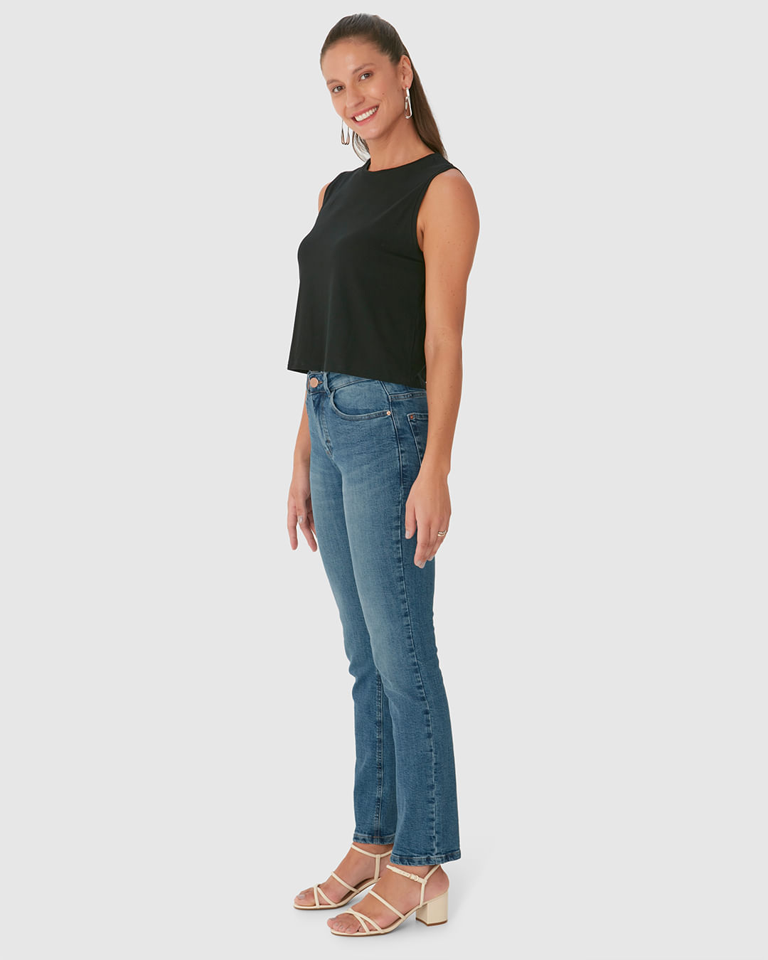 Calça Reta Feminina Bolso Funcional Em Flex Jeans - Imagem 17