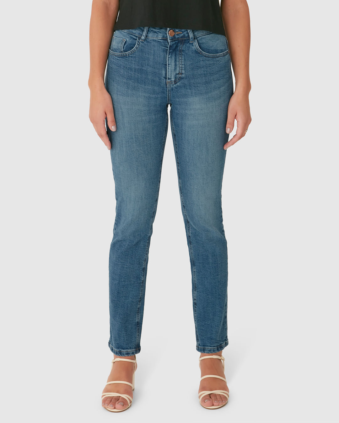 Calça Reta Feminina Bolso Funcional Em Flex Jeans - Imagem 34