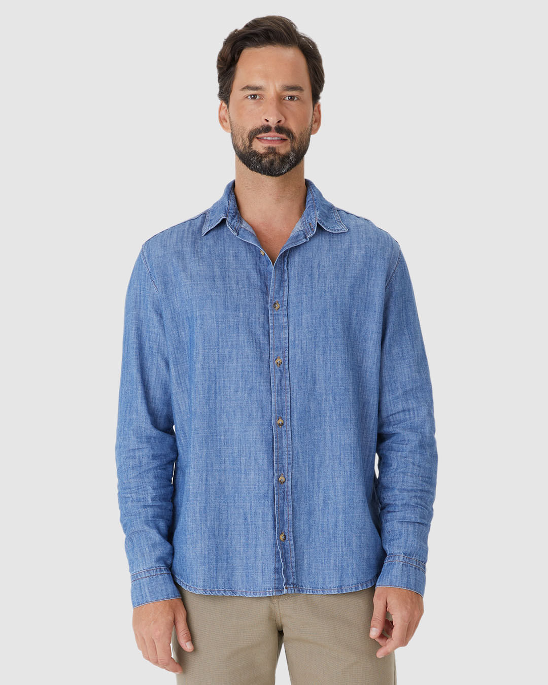 Camisa Masculina Tradicional Manga Longa Em Jeans Leve - Imagem 4
