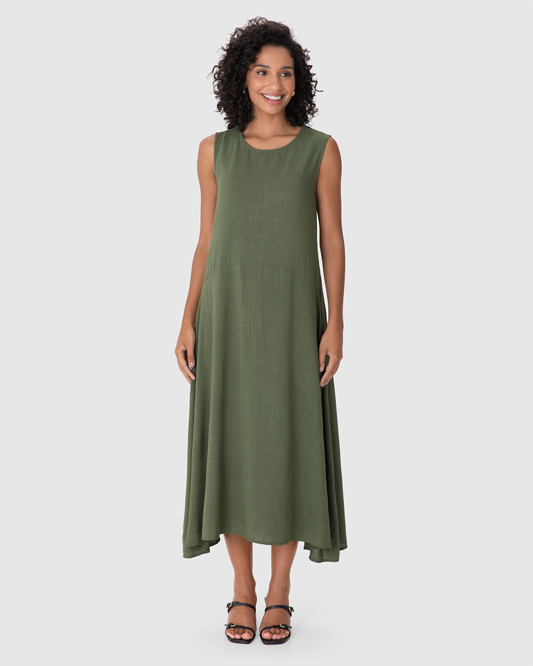 Vestido Midi Feminino Decote Redondo Bolso Funcional Em Viscose - Imagem 9