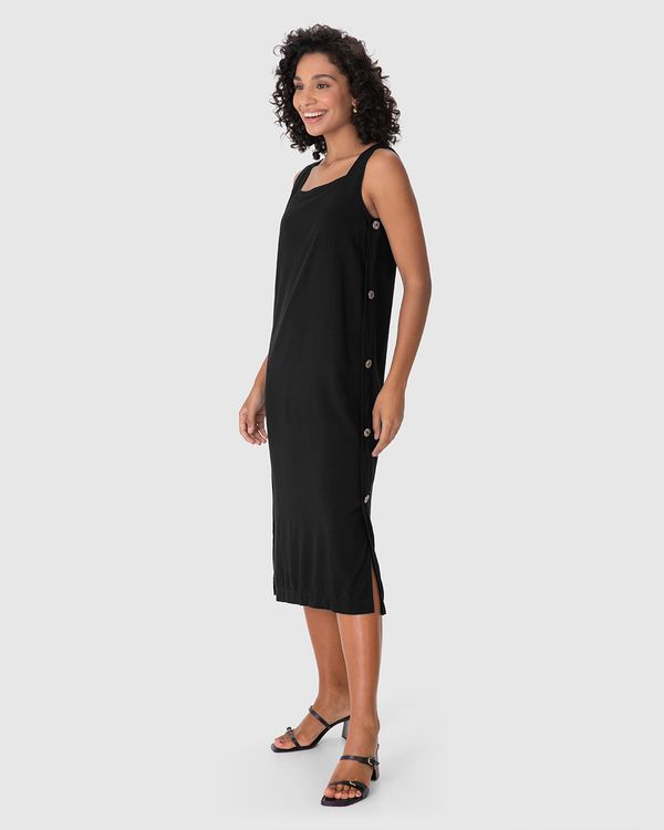 Vestido Midi Feminino Abotoamento Lateral Em Viscose Flamê Preto - G