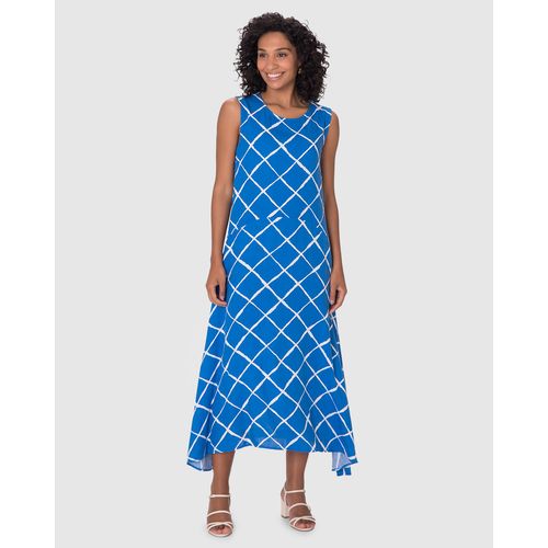 Vestido Midi Feminino Estampa Xadrez Decote Redondo Bolso Funcional em Viscose