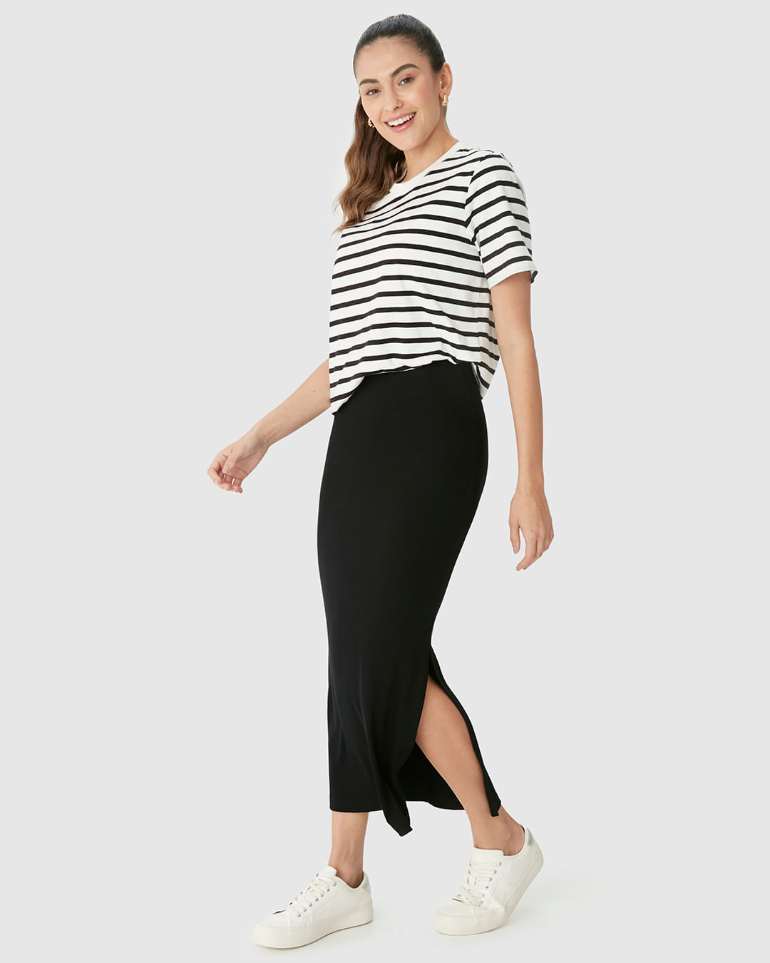 Saia Midi Feminina Básica Fenda Lateral Em Malha Viscose Canelada - Imagem 6