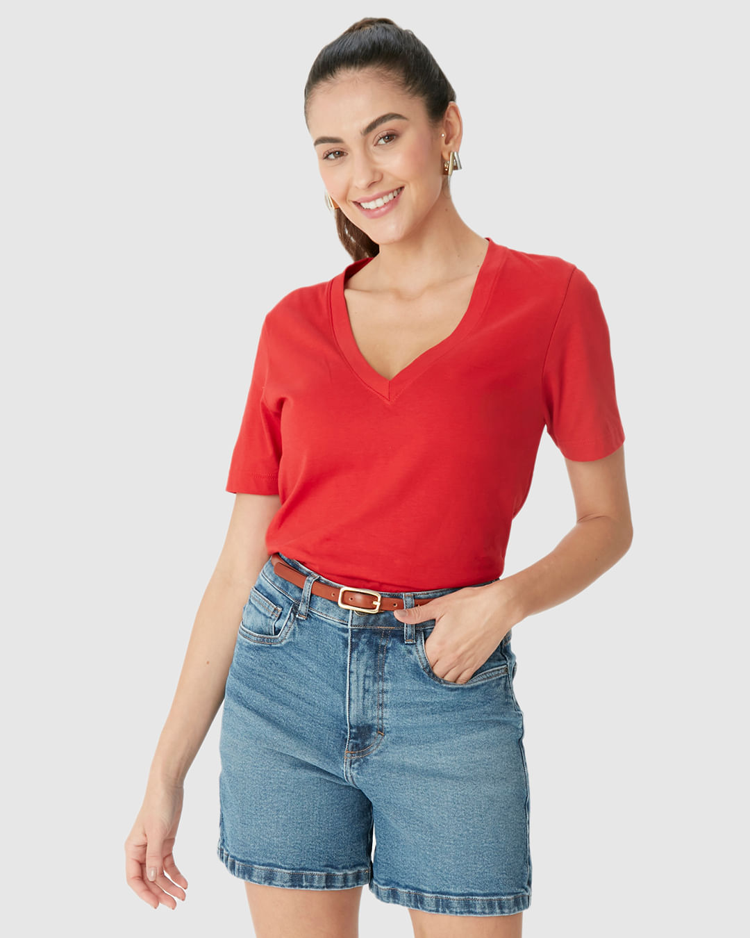 Blusa Básica Feminina Ampla Decote V Manga Curta Em Algodão - Imagem 21