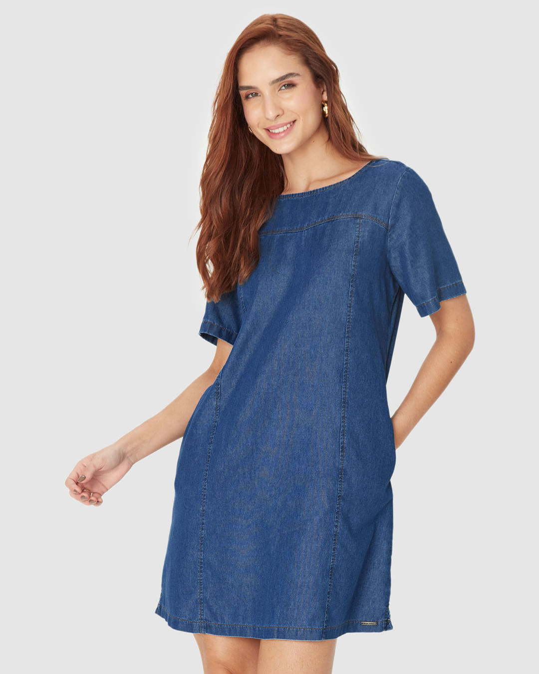 Vestido Feminino T-Shirt Detalhe Recortes Bolso Lateral Em Jeans Leve - Imagem 16