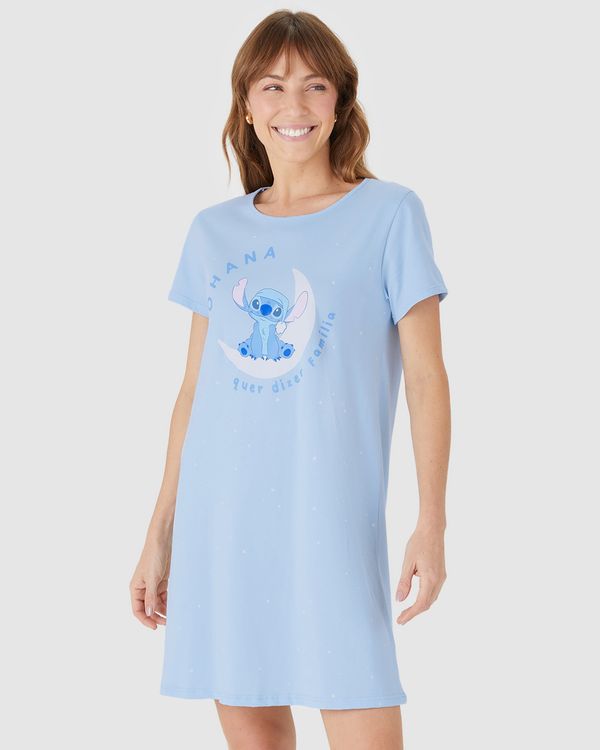 Camisola Feminina Estampa Ohana Stitch Disney Em Algodão Azul - PP