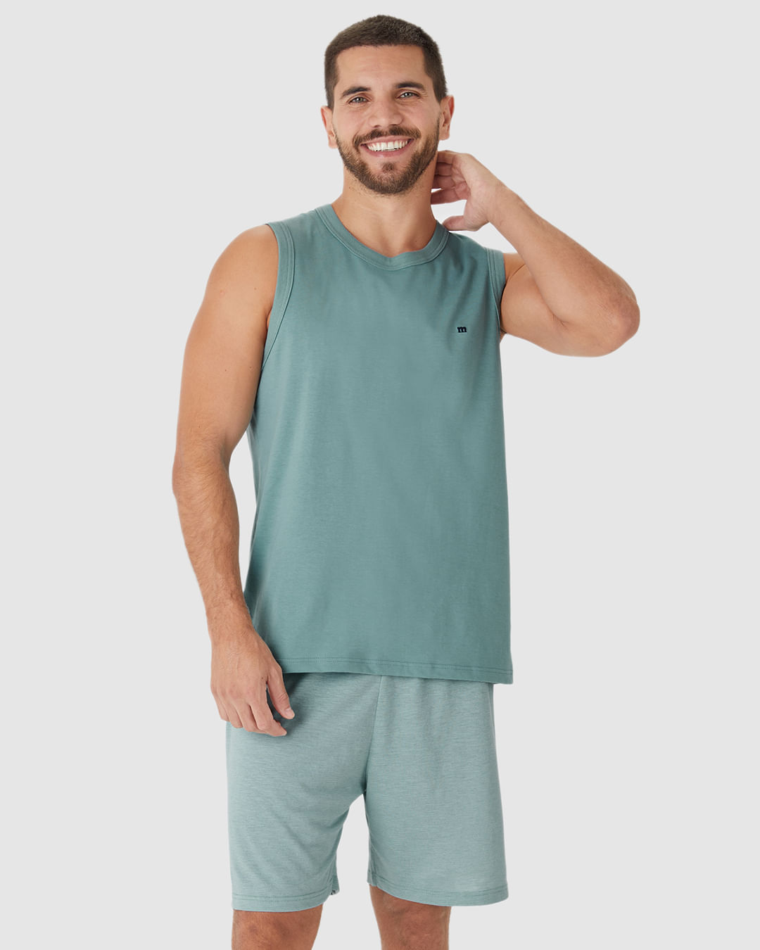 Pijama Curto Masculino Regata Decote Redondo E Shorts Em Malha Fio A Fio - Imagem 16