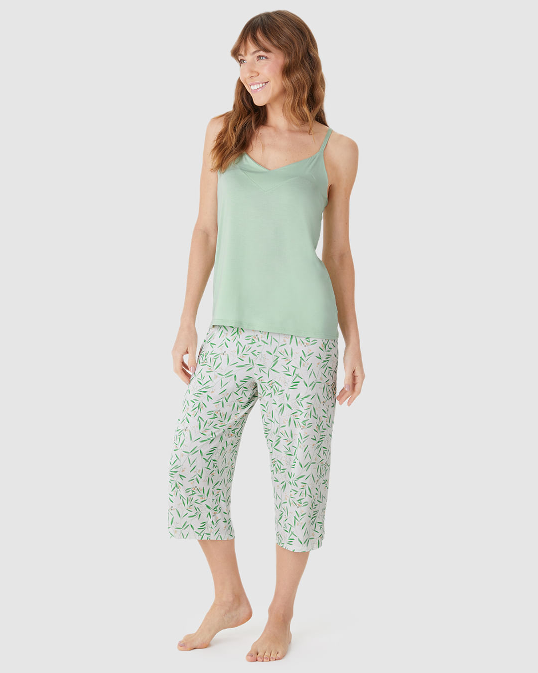 Pijama Longo Feminino Calça Capri Estampada Em Viscose Stretch - Imagem 6