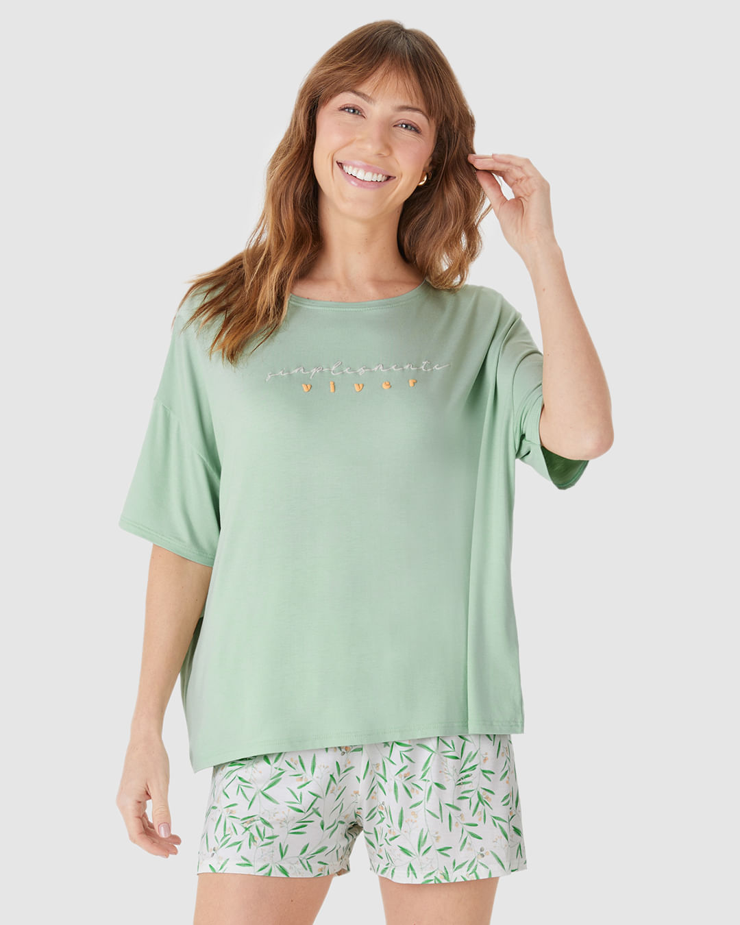 Pijama Curto Feminino Blusa Box Estampa Lettering Em Viscose Stretch - Imagem 21