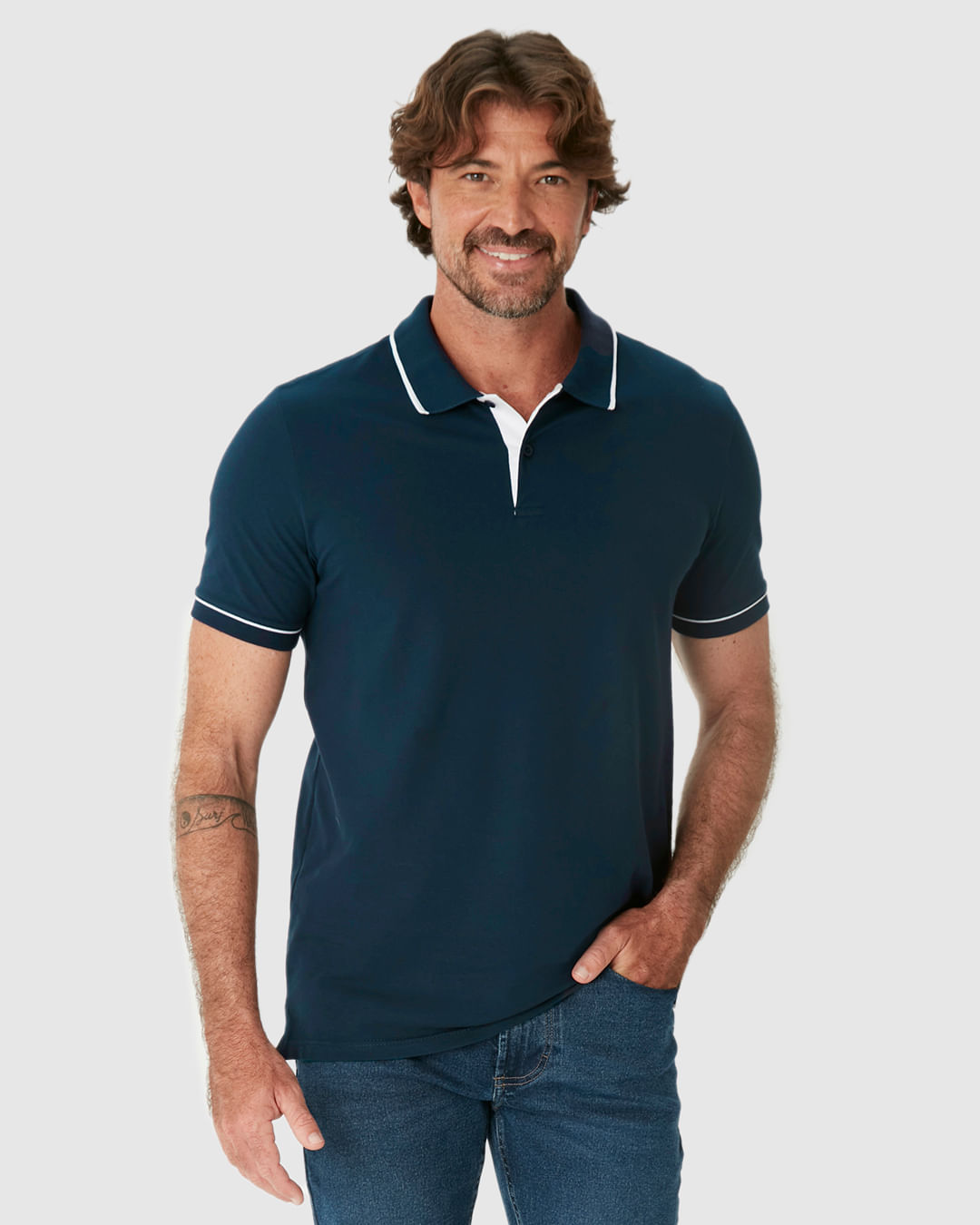 Camisa Polo Básica Masculina Detalhe Costura Contraste Em Piquet Stretch - Imagem 6