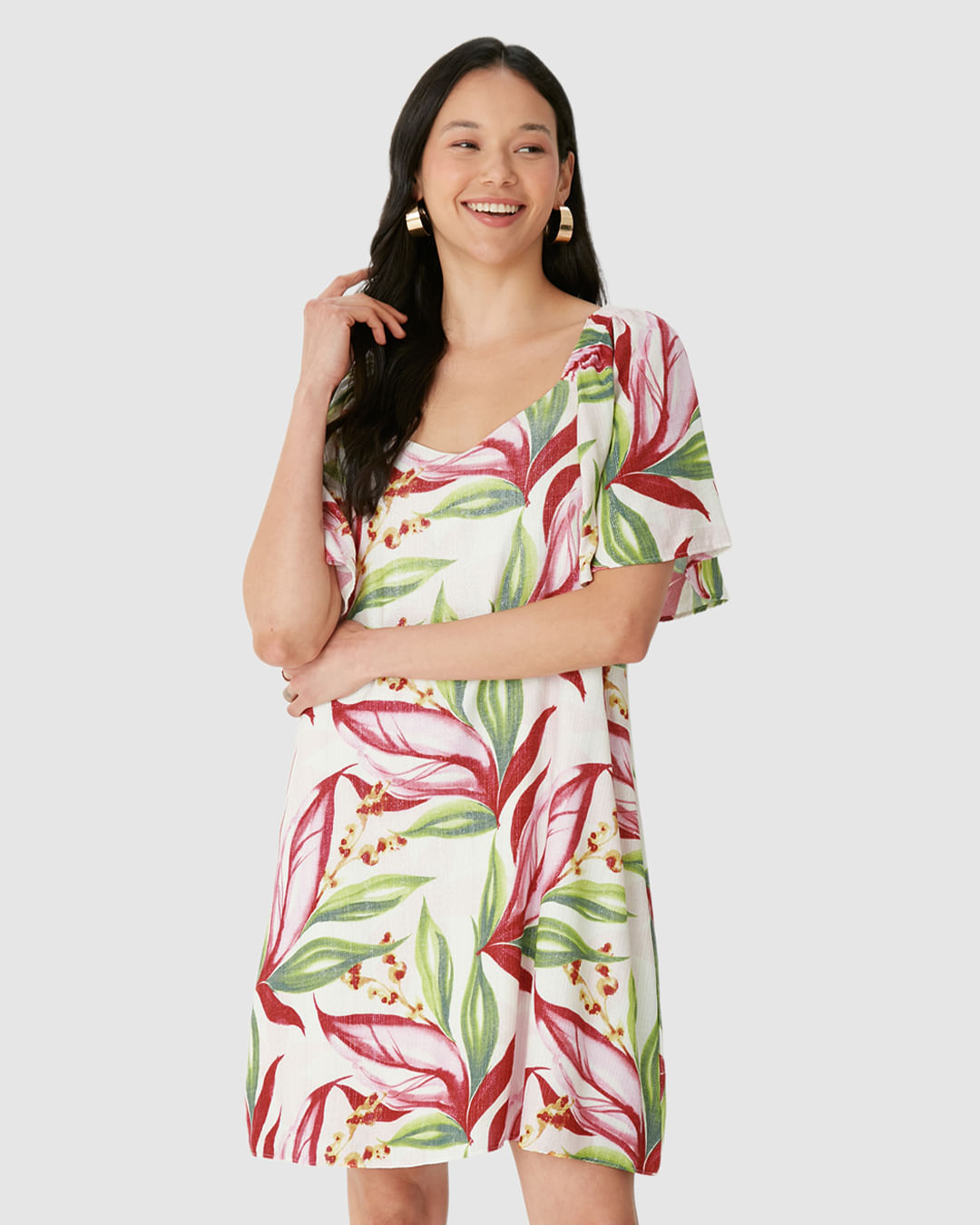 Vestido Feminino Evasê Manga com Franzido em Viscose Lurex