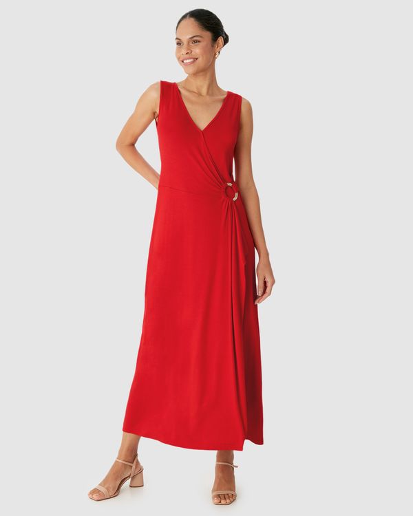 Vestido Midi Feminino Transpassado Detalhe Com Argola Em Viscose Stretch Vermelho - P