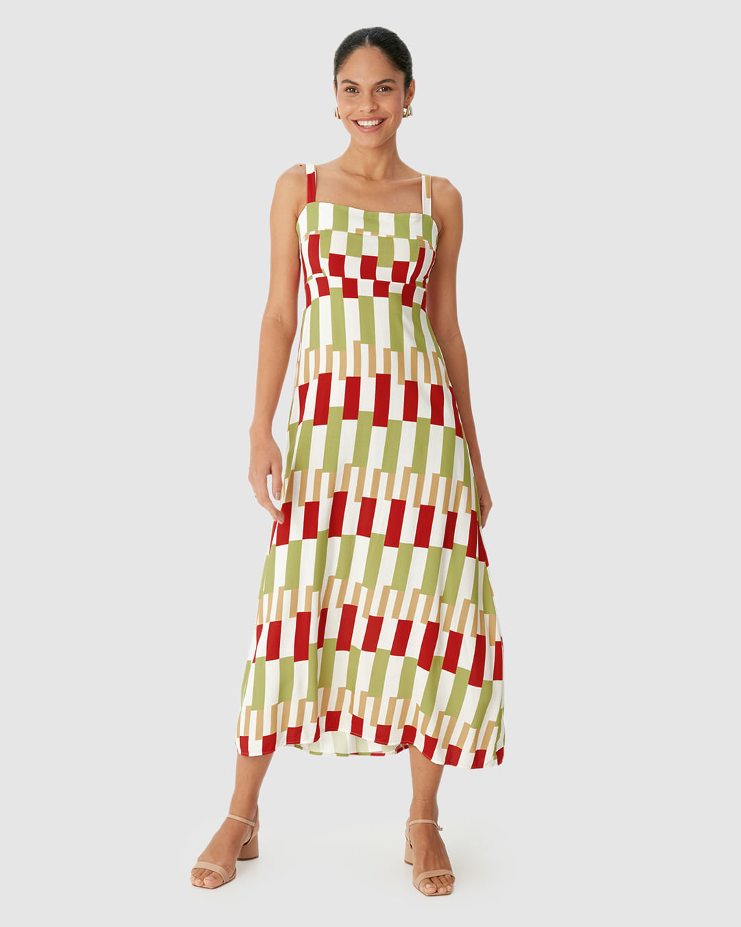 Vestido Midi Feminino Reto Acinturado Estampa Digital Em Viscose - Imagem 16