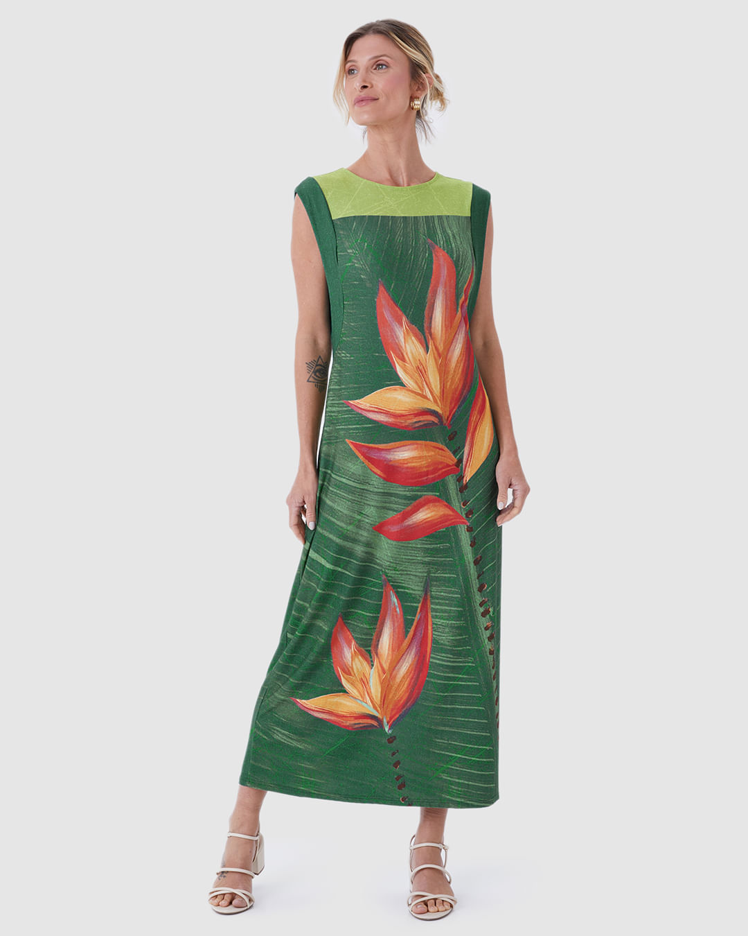 Vestido Midi Feminino Reto Estampado Em Malha Viscolinho Stretch
