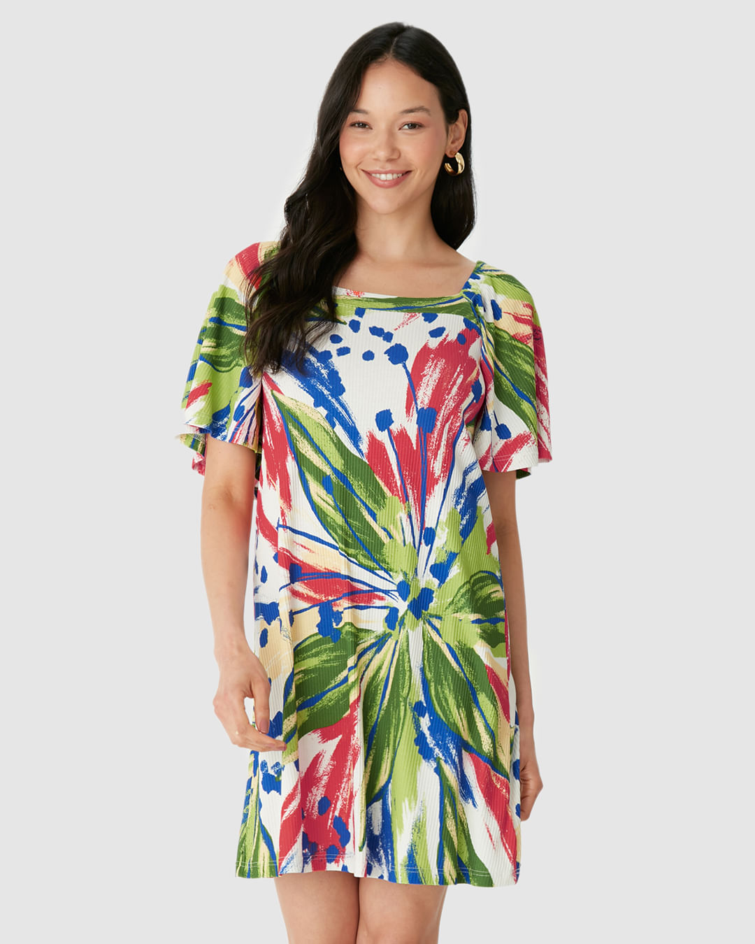 Vestido Feminino Decote Quadrado Manga Franzida Em Malha Viscose Canelada - Imagem 21