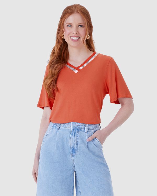 Blusa Ampla Feminina Decote V Retilínea Em Malha Viscolinho Stretch Laranja - GG