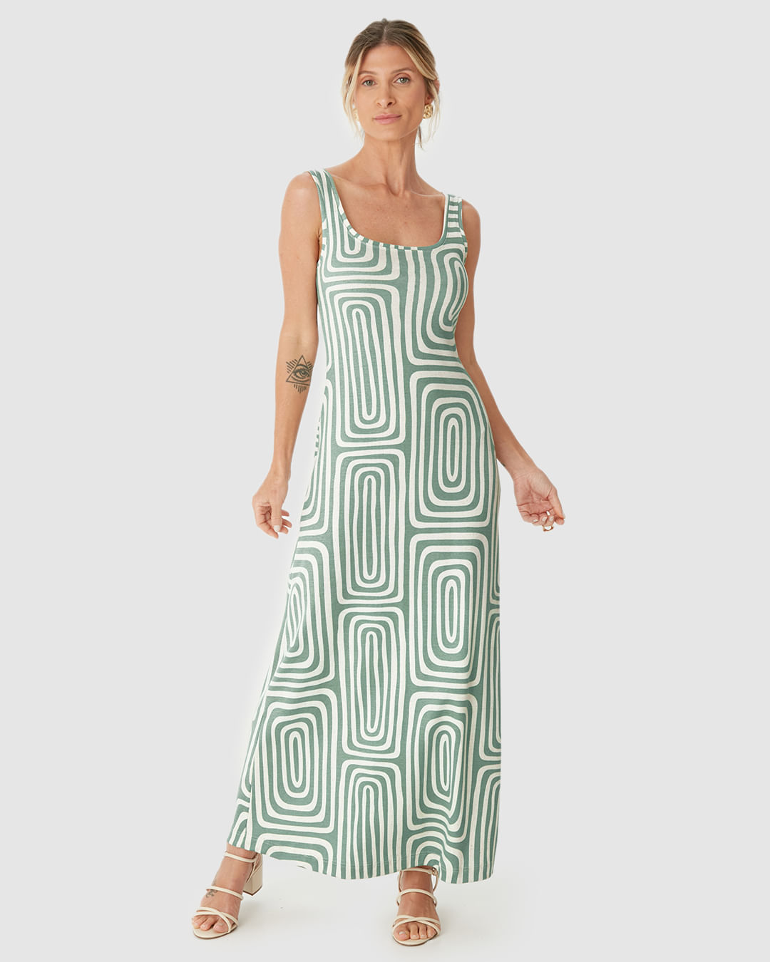 Vestido Midi Feminino Estampa Geométrica Decote Quadrado Em Ribana Linho - Imagem 11